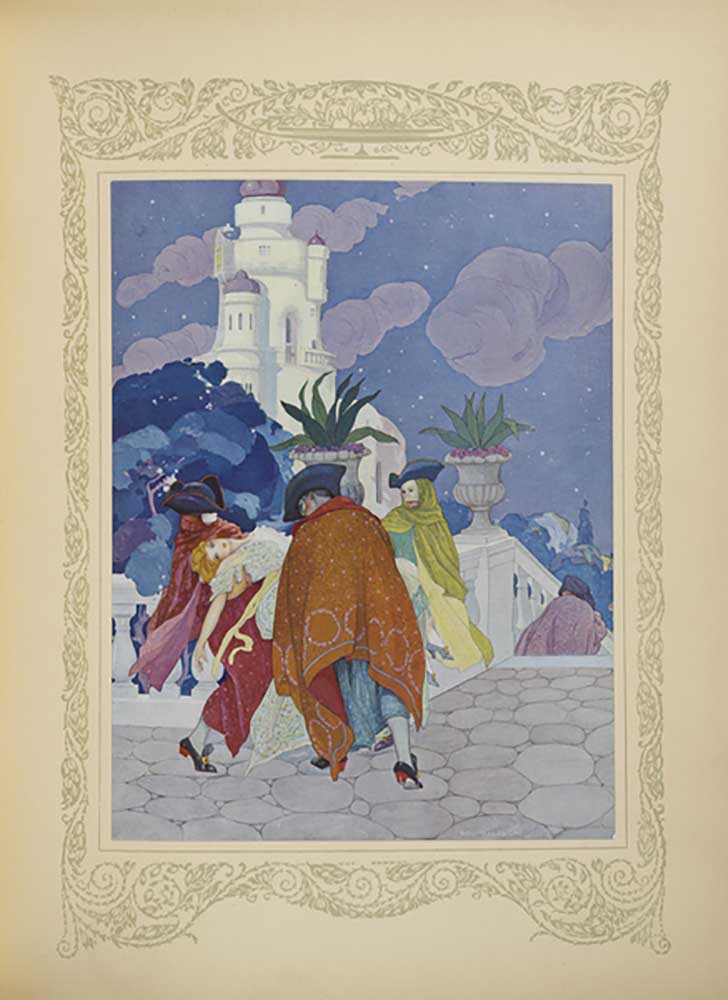 Vier maskierte Männer trugen sie auf die Turmspitze, eine Illustration aus "Contes du Temps Jadis" o von Umberto Brunelleschi