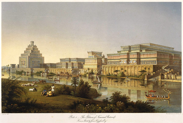 Die Paläste von Nimrud. Rekonstruktion (Aus "Discoveries in the Ruins of Nineveh and Babylon" von Au von Unbekannter Künstler