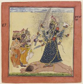 Bhadrakali wird durch die Götter verehrt (vom Devi Bhagavata)