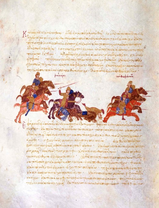 Byzantinische Armee verfolgt die Swjatoslaws Krieger (Miniatur aus der Madrider Bilderhandschrift de von Unbekannter Künstler