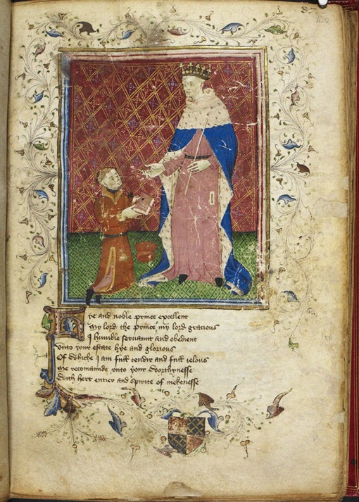 Der Autor, der dem König Heinrich V. sein Buch überreicht (aus Regiment of Princes von Thomas Hoccle von Unbekannter Künstler
