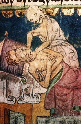 Der Tod erwürgt Pestopfer. Buchmalerei aus dem böhmischen Codex Stiny
