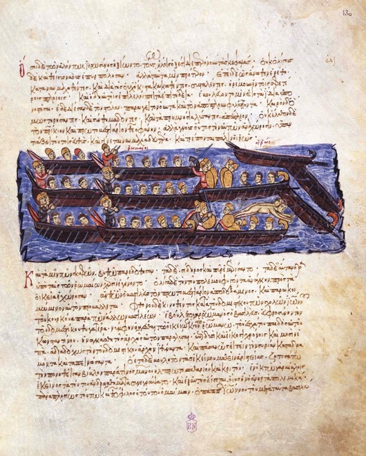 Die Abwehr des Angriffs auf Konstantinopel durch die byzantinische Kriegsflotte (Miniatur aus der Ma von Unbekannter Künstler
