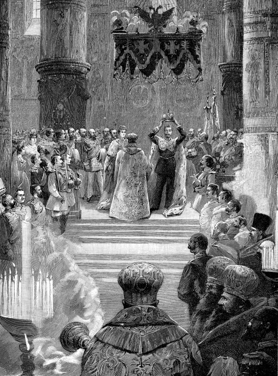 Die Krönung des Kaisers Nikolaus II. in der Maria-Himmelsfahrt-Kathedrale von Unbekannter Künstler