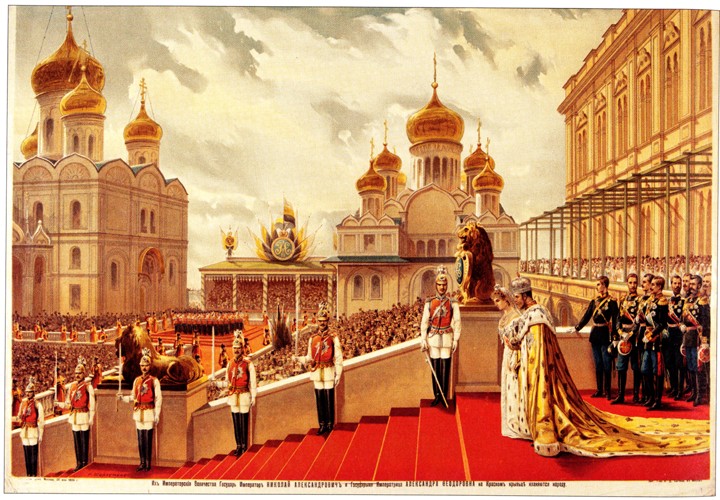 Die Krönungszeremonie des Zaren Nikolaus II. Auf der Roten Treppe des Facettenpalastes von Unbekannter Künstler