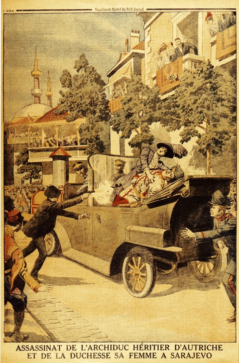 Gavrilo Princip erschießt Erzherzog Franz Ferdinand und seine Frau in Sarajevo am 28. Juni 1914. (Au von Unbekannter Künstler