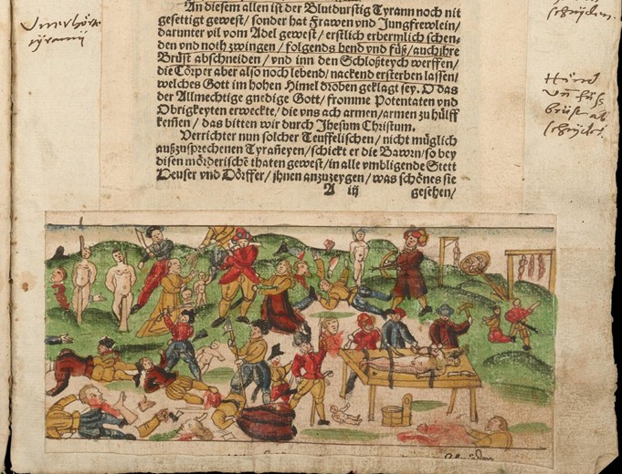 Gräueltaten der Truppen von Iwan IV. in Livland 1578. Aus Johann Jakob Wick: Sammlung von Nachrichte von Unbekannter Künstler