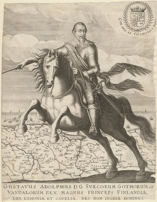 Gustav II. Adolf vor einer Karte von Pommern im Hintergrund von Unbekannter Künstler