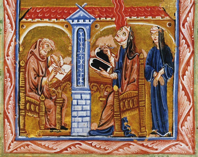 Hildegard empfängt im Beisein ihres Sekretärs Volmar und ihrer Vertrauten Richardis eine Vision von Unbekannter Künstler