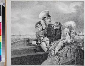 Kaiser Nikolaus I. und Kaiserin Alexandra Fjodorowna mit Sohn Konstantin Nikolajewitsch auf einer Bo
