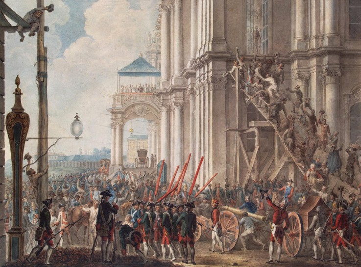 Katharina II. auf dem Balkon des Winterpalastes am Tag der Palastrevolution am 28. Juni 1762 von Unbekannter Künstler