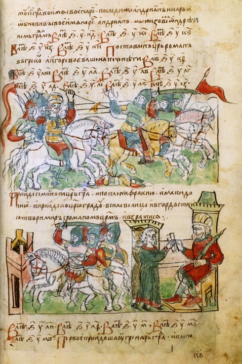 Krieg Igors's gegen die Petschenegen (oben). Aus der Radziwill-Chronik (auch Königsberger Chronik) von Unbekannter Künstler