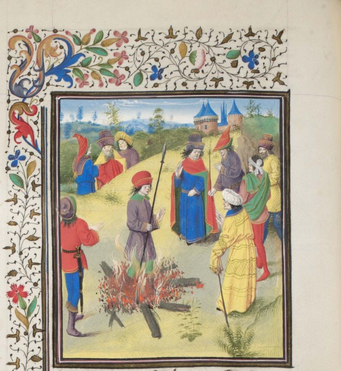 Peter Bartholomäus mit der heiligen Lanze stellt sich zu einer Feuerprobe. Miniatur aus der "Histori von Unbekannter Künstler