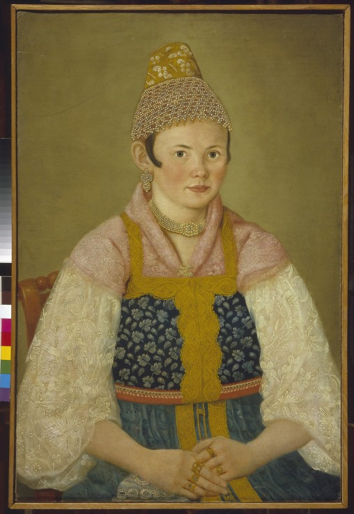 Porträt einer Kaufmannsfrau in Kokoschnik "Kablutschok" von Unbekannter Künstler