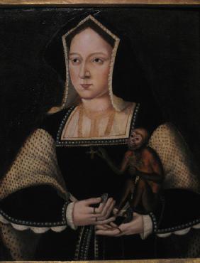 Porträt von Katharina von Aragón, mit ihrem Hausaffen (Copie nach Lucas Horenbout)