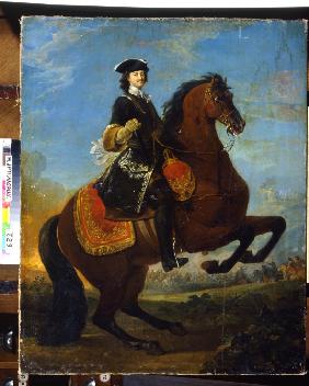 Reiterporträt des Kaisers Peter I. des Grossen mit einer Schlacht des Großen Nordischen Krieges im H