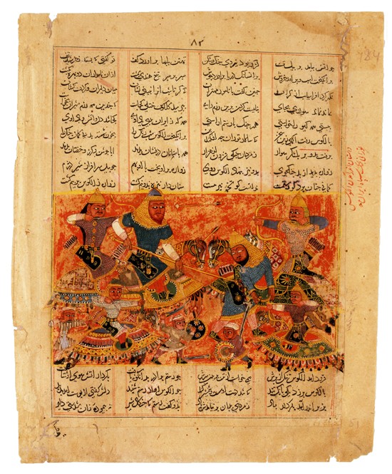 Rustam tötet den Turan-Krieger Alkus mit seiner Lanze (Buchminiatur aus Schahname von Ferdousi) von Unbekannter Künstler