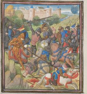 Schlacht zwischen Kreuzrittern unter der Führung von Balduin II. und Sarazenen. Miniatur aus der "Hi
