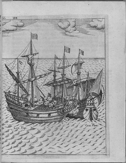 Seeschlacht zwischen "Golden Hind", dem Segelschiff von Francis Drake und dem spanischen Schiff Caca von Unbekannter Künstler