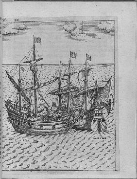 Seeschlacht zwischen "Golden Hind", dem Segelschiff von Francis Drake und dem spanischen Schiff Caca 1626