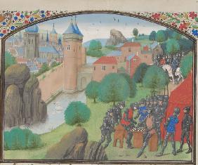 Soldaten beim Würfelspiel vor der Stadt Cäsarea. Miniatur aus der "Historia" Wilhelms von Tyrus