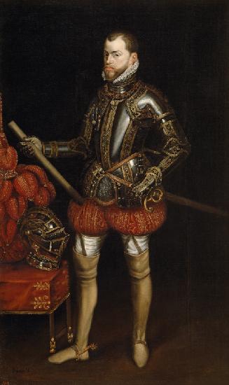 Porträt von König Philipp II. von Spanien (1527-1598) in der Rüstung von der Schlacht bei Saint-Quen
