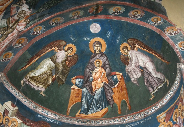 Thronende Madonna mit Christus Immanuel  zwischen Erzengeln Michael und Gabriel von Unbekannter Künstler