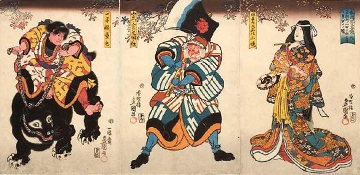 Drei Hauptdarsteller (Aus dem Kabuki-Schauspiel Japanische Beispiele von Gefolgstreue und Kindeslieb von Utagawa Kunisada