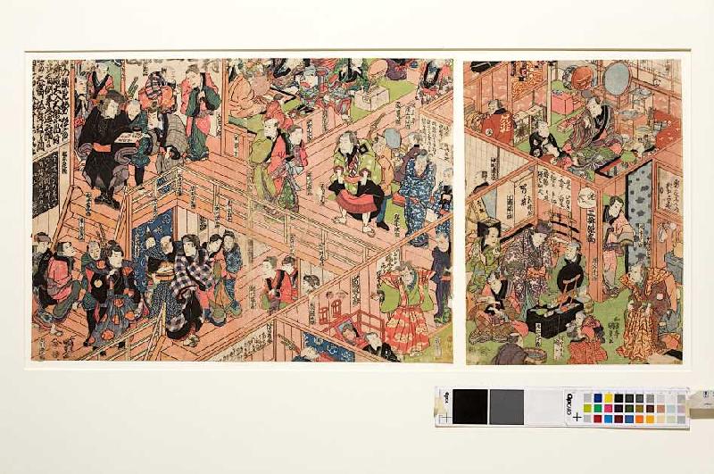 Blick vom zweiten Stockwerk ins Innere des Ichimura-Theaters in Edo von Utagawa Kunisada