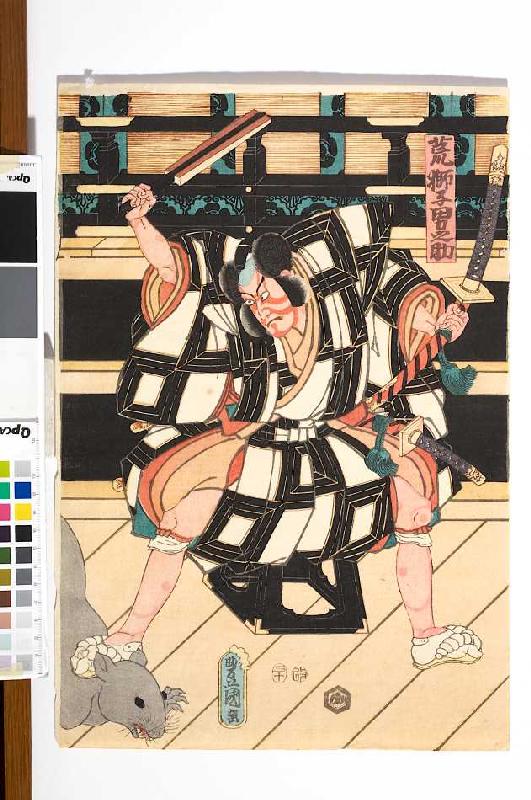 (rechte Blatthälfte) Nikki Danjo flüchtet in eine Ratte verwandelt mit der Verschwörerliste - Fünfte von Utagawa Kunisada