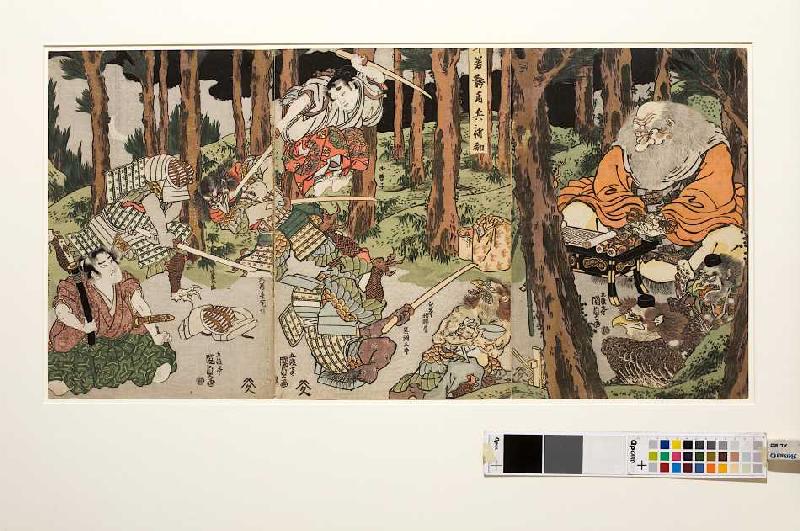Ushiwakamaru, der junge Yoshitsune, erhält Fechtunterricht von Utagawa Kunisada