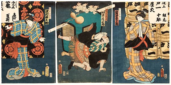Bühnenszene aus dem Kabuki-Schauspiel Die Begegnung der Rivalen im Vergnügungsviertel von Utagawa Kunisada