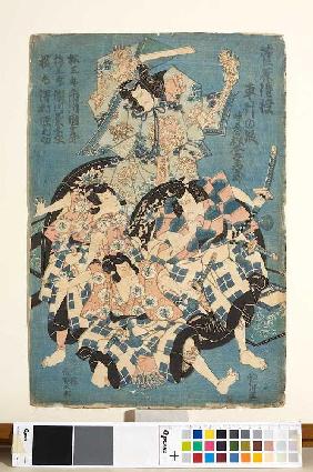 Wagenszene (Dritter Akt aus dem Kabuki-Schauspiel Die Schule der Schreibkunst des Hauses Sugawara) Um 1830