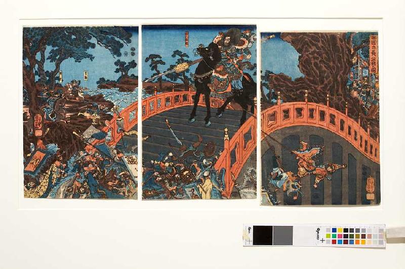 Chohi hält die Brücke von Chohan (Nach dem Roman Die Geschichte der Drei Reiche) von Utagawa Kuniyoshi