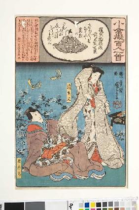 Der Großkanzler Gokyogoku Sadamasa und sein Gedicht Kirigiri zirpt das Heimchen sowie die Nonne Seig 184