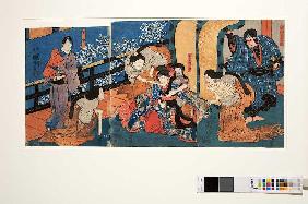 Die Palastdamen quälen die eifersüchtige Omiwa (Aus dem Kabuki-Schauspiel Chronik der Frauen von Imo Um 1850