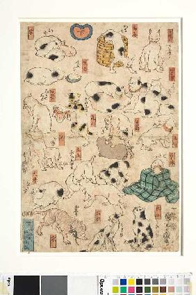 Scherzbild mit Katzen, die die Namen der Stationen am Tokaido verspotten Um 1848