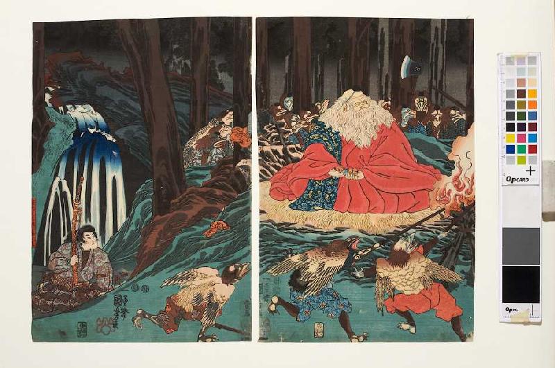 Ushiwakamaru folgt den Anweisungen des Sojobo und übt sich im Schwertkampf von Utagawa Kuniyoshi
