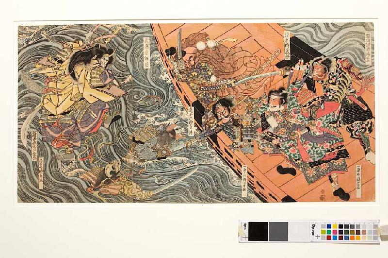Yoshitsune und seine Getreuen werden in der Bucht von Dannoura von den rachsüchtigen Geistern der Ta von Utagawa Kuniyoshi