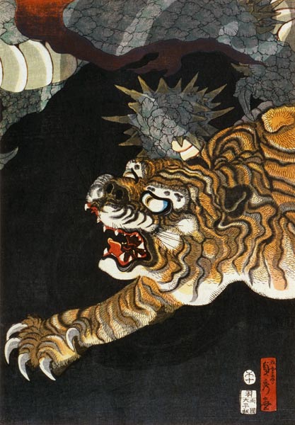 A dragon and two tigers - mitte von Utagawa Sadahide