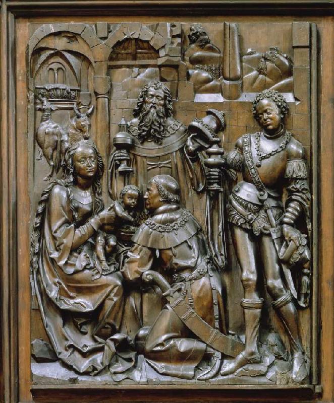 Der Bamberger Altar (linkes unteres Seitenrelief): Die Anbetung der Heiligen Drei Könige von Veit Stoß