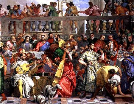 The Marriage Feast at Cana, detail of musicians and dogs von Veronese, Paolo (eigentl. Paolo Caliari)