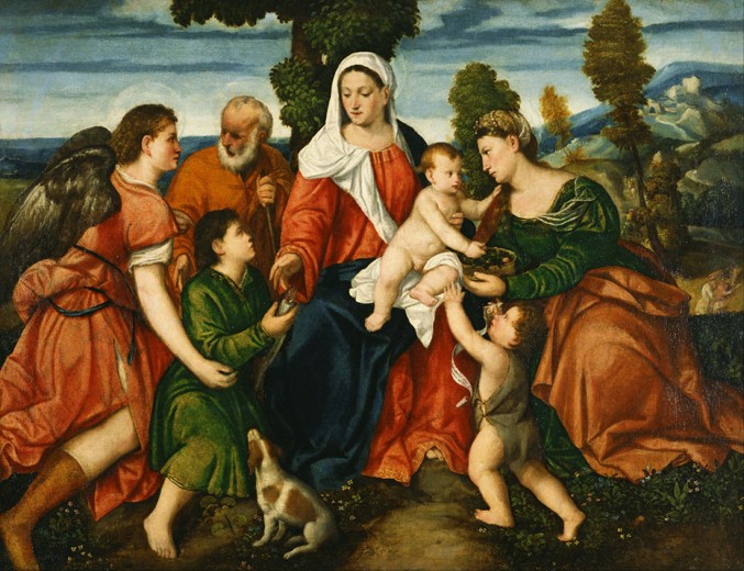 Die Heilige Familie mit Tobias und dem Engel, Heiliger Dorothea, Johannesknaben und der Legende vom  von Veronese, Paolo (eigentl. Paolo Caliari)