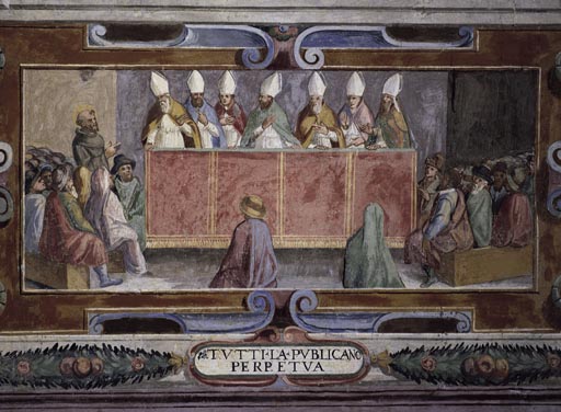 Der Heilige Franziskus vor einer Versammlung von Bischoefen von Vetralla Latium