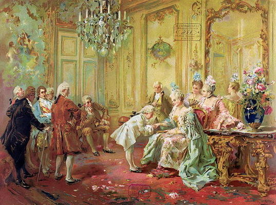 The presentation of the young Mozart to Mme de Pompadour at Versailles in 1763 (colour litho) von Vicente de Paredes