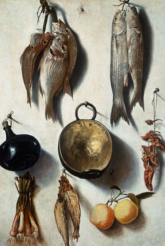 A Trompe L'Oeil of Fish, Cooking Utensils, Vegetables and Fruit von Vicente Victoria or Vitoria