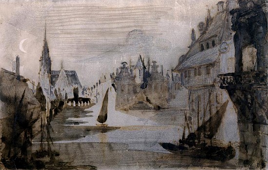 A Port in Flanders (pen & ink, pencil and wash on paper) von Victor Hugo