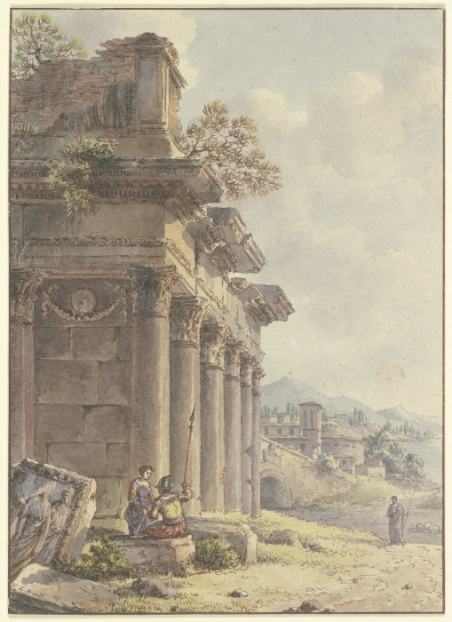 Architektonisches Capriccio: Ruinen einer Tempelfassade, im Hintergrund Landschaft mit Gebäuden und  von Victor Jean Nicolle
