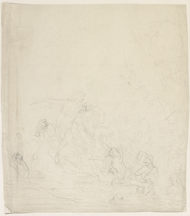 Auf dem Rücken des Kentauren Nessus überqueren Dante und an seiner Seite Vergil die Furt zum zweiten von Victor Müller