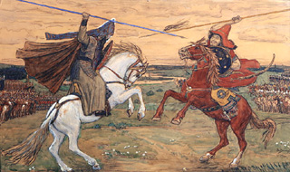 Peresvet und Tschelubey kämpfen auf dem Kulikov-Schlachtfeld 1380 von Viktor Michailowitsch Wasnezow